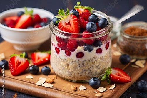Mixed berries overnight oats with almond flakes in a glass jar, healthy breakfast. © MdKamrul