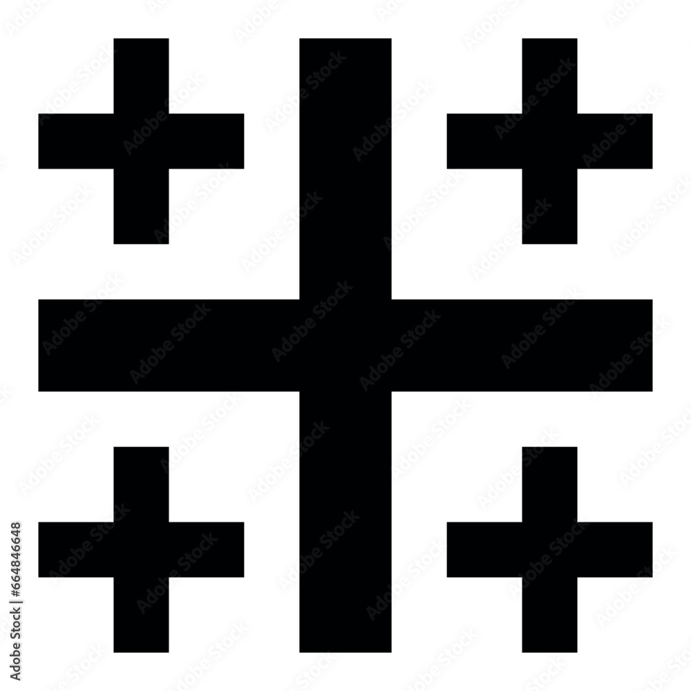Jerusalem cross, black and white vector silhouette illustration of religious Christian five-fold cross, medieval variant Jerusalem cross, black and white vector silhouette illustration of religious Christian five-fold cross, medieval variant