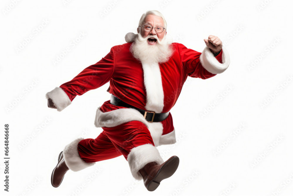 Emotional Santa Claus runs quickly to catch a discount on the Christmas sale. White background. Copy space