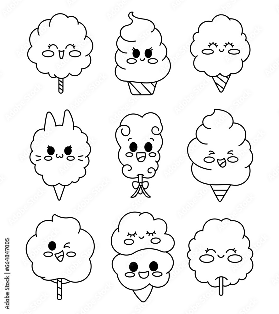 Cotton candy characters. Coloring Page. Sweet sugar dessert food for kids. Cute kawaii food with cartoon faces. Hand drawn style. Vector drawing. Collection of design elements. Cotton candy characters. Coloring Page. Sweet sugar dessert food for kids. Cute kawaii food with cartoon faces. Hand drawn style. Vector drawing. Collection of design elements.