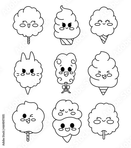Cotton candy characters. Coloring Page. Sweet sugar dessert food for kids. Cute kawaii food with cartoon faces. Hand drawn style. Vector drawing. Collection of design elements.
