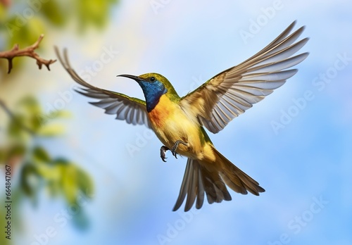 Olive backed sunbird, Yellow bellied sunbird flying in the bright sky. © MdKamrul
