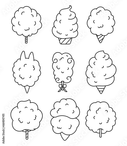 Cotton candy sweetness. Coloring Page. Sugar clouds. Sweet dessert food for kids. Hand drawn style. Vector drawing. Collection of design elements.