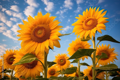 Sunflowers turning toward the sun in the soft morning light.