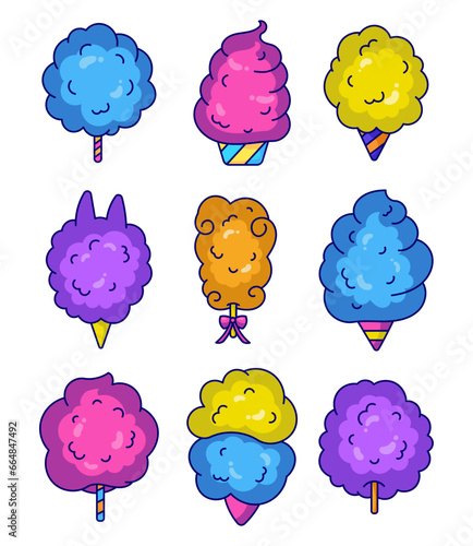 Cotton candy sweetness. Sugar clouds. Sweet dessert food for kids. Hand drawn style. Vector drawing. Collection of design elements.