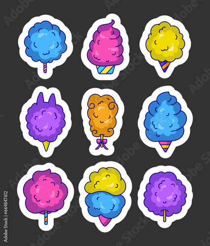 Cotton candy sweetness. Sticker Bookmark. Sugar clouds. Sweet dessert food for kids. Hand drawn style. Vector drawing. Collection of design elements.