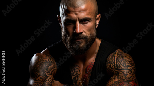 handsome bearded male with tattooed muscular body