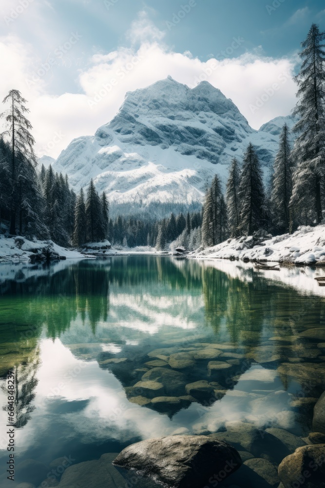 Snowy Landscape, Lake surrounded by mountains and a forest