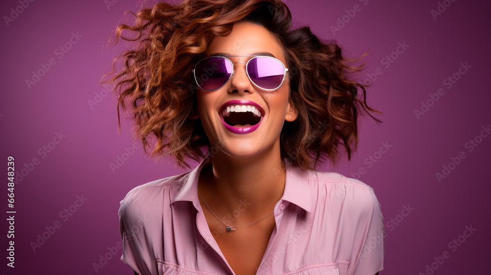 portrait of a happy young woman with curly hair wearing leather jacket, over isolated background portrait of a happy young woman with curly hair wearing leather jacket, over isolated background