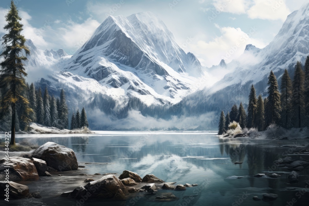 Snowy Landscape, Lake surrounded by mountains and a forest