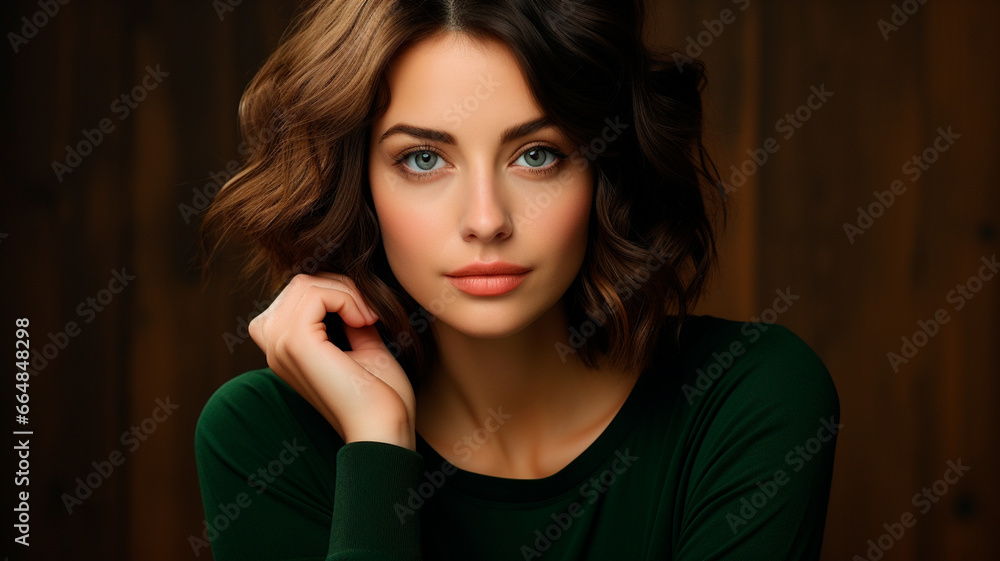 portrait of young woman with hand on chin portrait of young woman with hand on chin