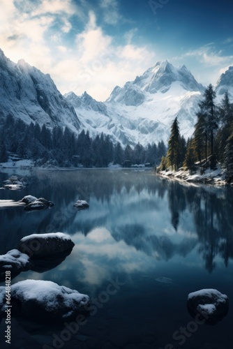 Snowy Landscape, Lake surrounded by mountains and a forest © Fabien
