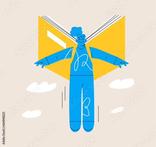 Woman with book behind his back flies. Colorful vector illustration