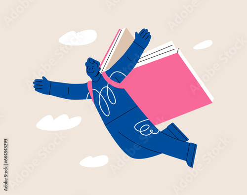 Man with book behind his back flies. Colorful vector illustration