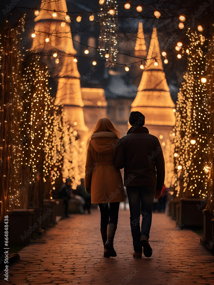 Woman and man couple walking together at Christmas market in the evening, blurred lights background 