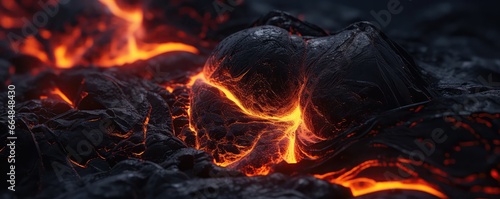 Closeup Of Black Volcanic Stones And Flowing Lava. Сoncept Nature's Power, Volcanic Eruption, Fiery Wilderness, Dynamic Earth, Molten Beauty. Сoncept Natural Landscapes, Volcanic Wonders
