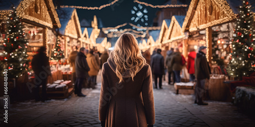 Back view of a blonde woman walking at Christmas market, blurred lights background
