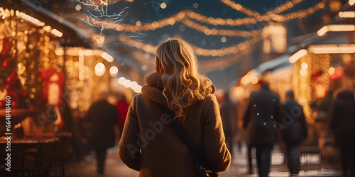 Back view of a blonde woman walking at Christmas market, blurred lights background