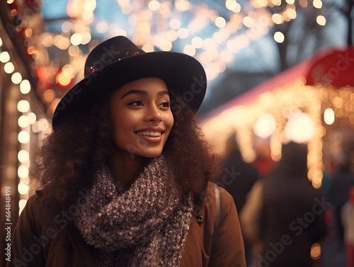 Portrait of beautiful Afroamerican woman looking happy at Christmas market, blurred lights background