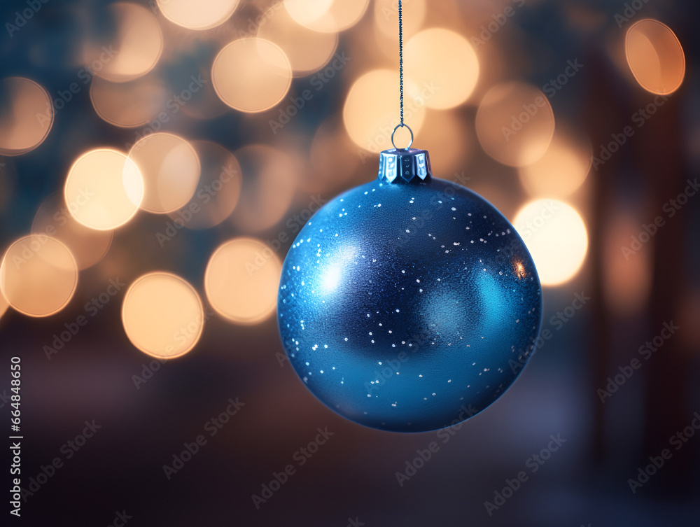 Fototapeta premium Close up of a blue mock up Christmas ornament hanging on a tree, blurred lights background 