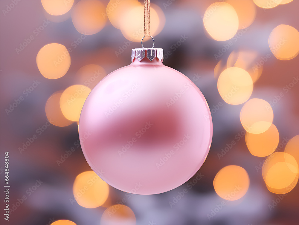 Close up of a pink mock up Christmas ornament hanging on a tree, blurred lights background Close up of a pink mock up Christmas ornament hanging on a tree, blurred lights background