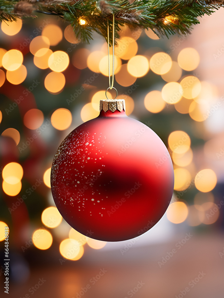 Close up of a red mock up Christmas ornament hanging on a tree, blurred lights background Close up of a red mock up Christmas ornament hanging on a tree, blurred lights background