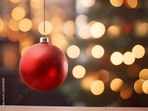 Close up of a red mock up Christmas ornament hanging on a tree  blurred lights background 