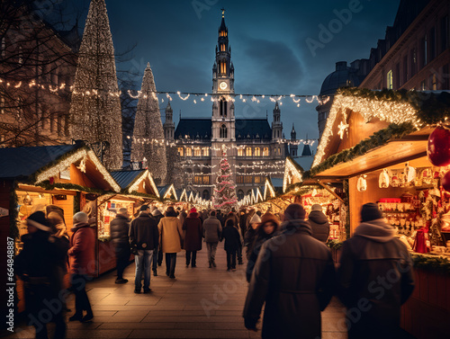 People crowd at a Christmas market in the evening, lights and decorations 