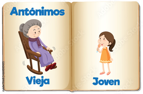 A vector cartoon illustration of Spanish antonyms, Vieja and Joven means old and young
