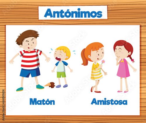 Antonym Word Card: Maton and Amistosa in Spanish means bully and friendly