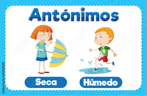 Antonym Word Card: Seca and Húmedo means dry and wet