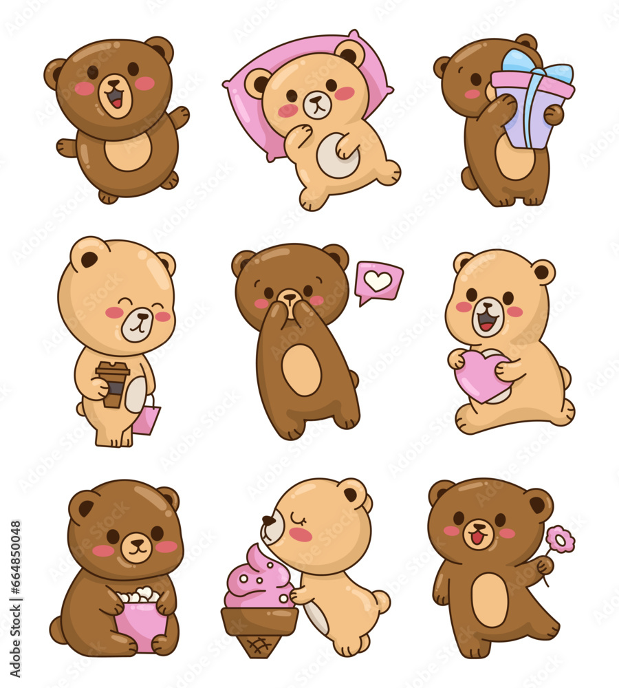 Cute kawaii bear different poses. Emoji cartoon character. Hand drawn