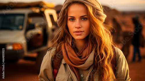 young beautiful girl in a brown hat with a backpack on the background of the sunset in the mountains © RozaStudia