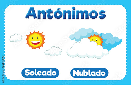 Colorful vector illustration of antonym word card in Spanish means sunny and cloudy