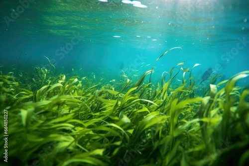 Underwater view of a group of seabed with green seagrass. © MdKamrul