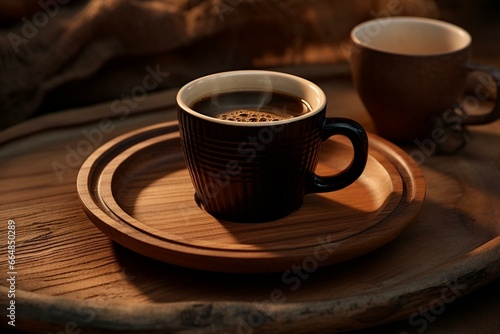 Darkbrown espresso cup on wooden dish. Generative AI