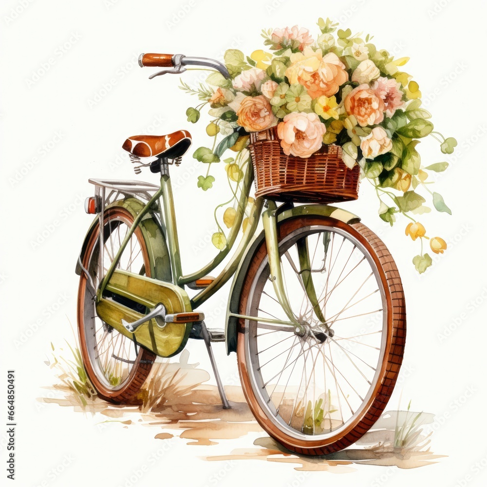 Watercolor bicycle with flowers in the basket isolated on white background.