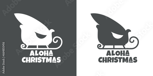 Tiempo de Navidad. Logo con mensaje Aloha Christmas en letras estilo hawaiano con silueta de tabla de surf en trineo de Santa para su uso en invitaciones y felicitaciones