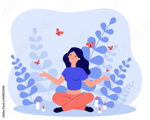 Happy woman with closed eyes in lotus position meditating vector illustration. Nature, meditation, calmness, mental health concept