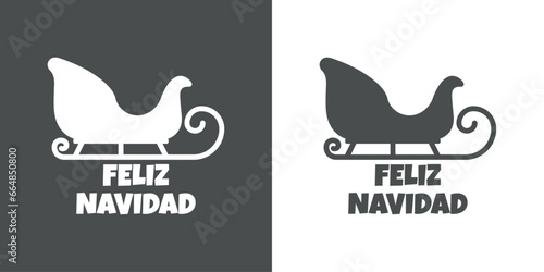 Tiempo de Navidad. Logo con palabras en texto manuscrito Feliz Navidad en español con silueta de trineo de Santa para su uso en tarjetas y felicitaciones
