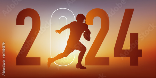 Concept du sport sur le thème du football américain pour une carte de vœux 2024, montrant un footballeur américain courant vers la ligne de but.