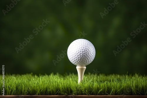 White golf ball on wooden tee with grass.