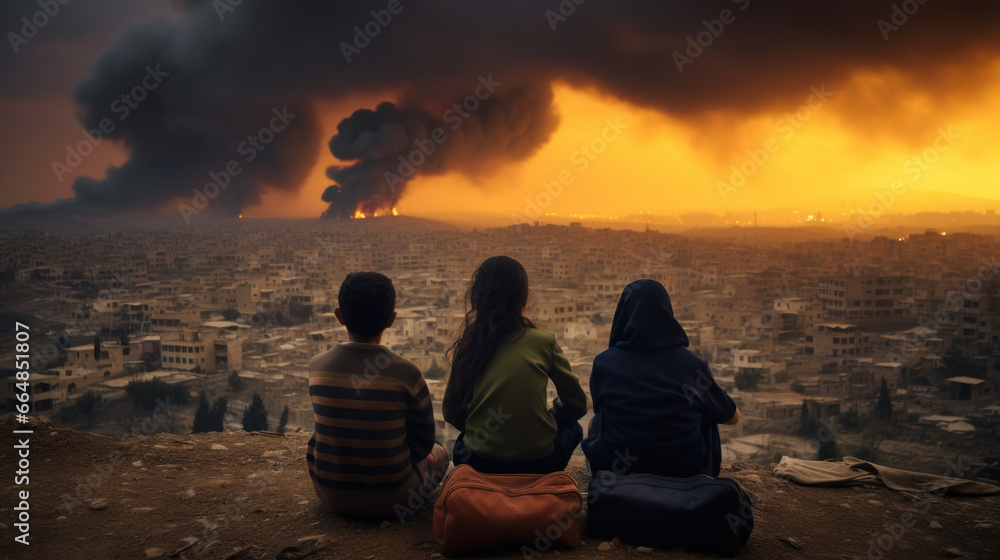 scène dramatique d'une famille de réfugiés qui fuit et regarde leur ville en guerre sous les bombardements - obrazy, fototapety, plakaty 