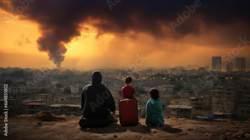 scène dramatique d\'une famille de réfugiés qui fuit et regarde leur ville en guerre sous les bombardements