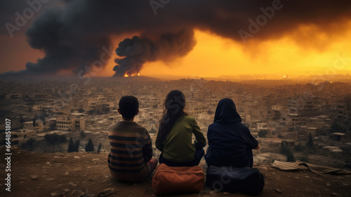 scène dramatique d'une famille de réfugiés qui fuit et regarde leur ville en guerre sous les bombardements photo