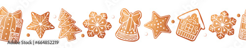 Seamless border with gingerbread cookies. Christmas ornament with gingerbread cookies on isolated background. Suitable for design of greeting cards, gifts, decorative tape, ribbon