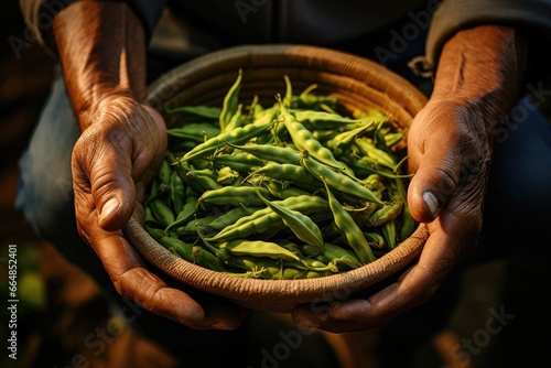 fresh sweet peas in farmer hands on field. Organic farming ,Generative Ai photo