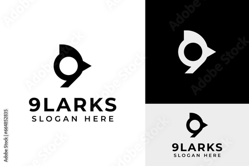 Creative Initial Monogram Number Nine Lark Bird Aves Head Logo Design Branding Template