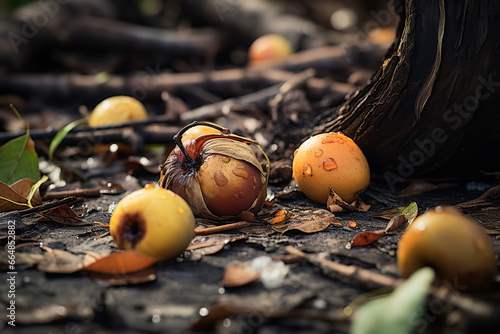 Overripe fruits falling from a tree, rotting on the ground
