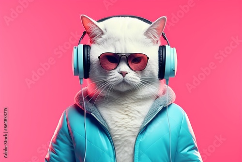 Cool cat with sunglasses and headphones on pink